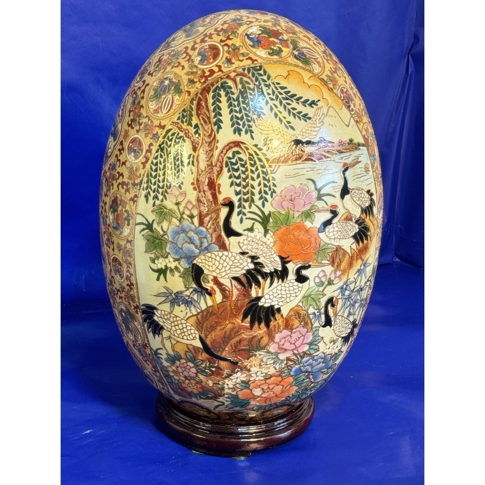 Vintage Satsuma Style Porcelain Egg Vase Cranes Floral Gold Asian Decor 13"